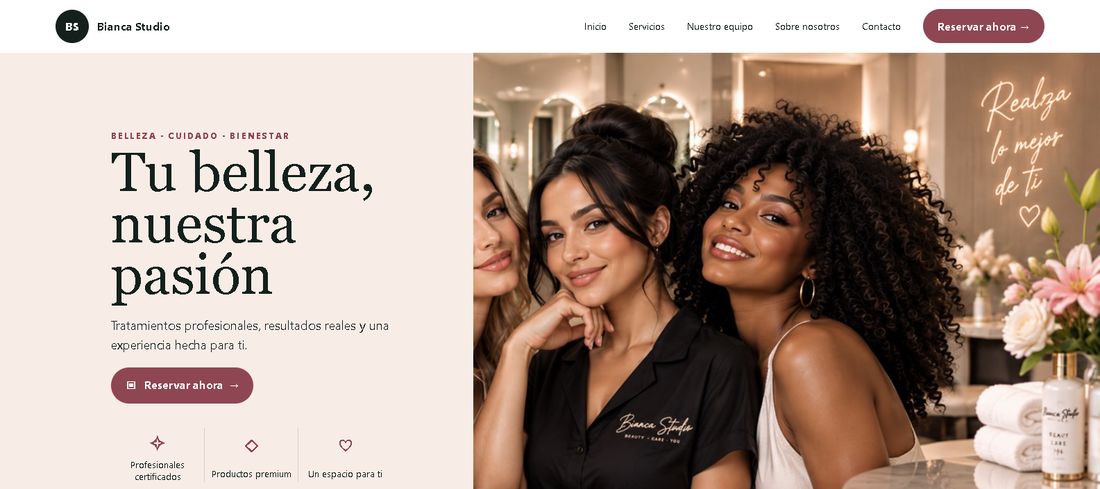 Portada de la demo Bianca Studio: un salón de belleza con botón Reservar ahora