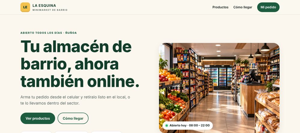 Portada de Minimarket La Esquina, almacén de barrio con pedidos online